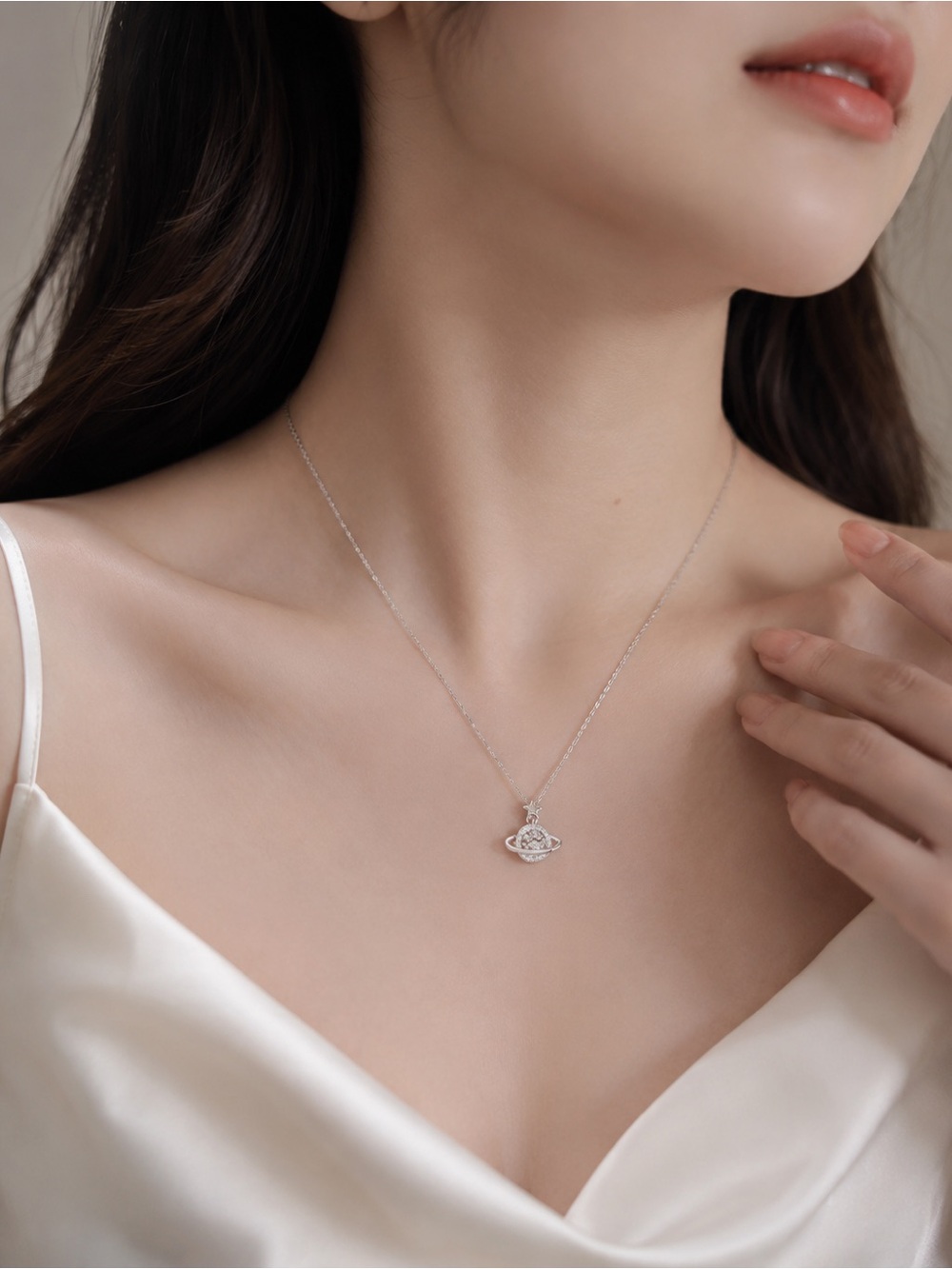 925 Sterling Silver Saturn Planet Pendant Necklace Zircon